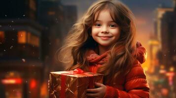 ai genererad liten flicka med jul gåva utanför på solnedgång med gata lampor och kopia Plats foto