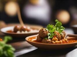 ai genererad köttbullar den där se utsökt mot en suddig bakgrund, ai genererad foto