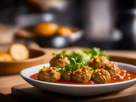 ai genererad köttbullar den där se utsökt mot en suddig bakgrund, ai genererad foto