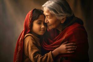 ai genererad , ett äldre kvinna klädd i en röd sjal är fattande en ung flicka. de är både stående stänga till varje Övrig och delning en värma, öm omfamning. en gripande ögonblick av kärlek och bindning mellan de två generationer. foto
