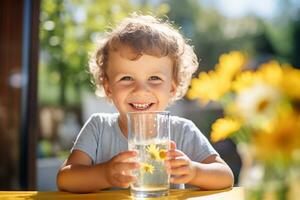 ai genererad en stilig leende pojke drycker vatten från en glas medan Sammanträde på en tabell i natur i de by foto