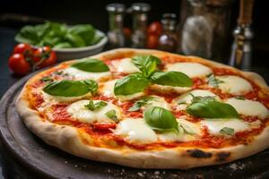 ai genererad färsk saftig pizza med mozzarella ost, tomater, och basilika örter på en svart bakgrund foto