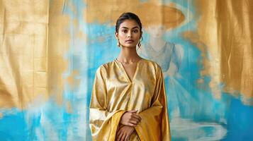 ai genererad modern kvinna i en guld paljett klänning foto