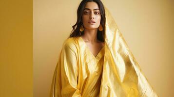ai genererad underbar indisk kvinna i en guld klänning foto
