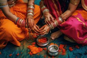 ai genererad kulturell ritual - indisk kvinnor applicering mehndi till varje andras händer foto