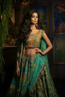 ai genererad elegant indisk kvinna i utsmyckad Kläder foto