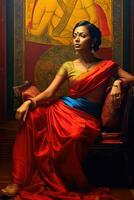 ai genererad indisk kvinna draperad i vibrerande röd och blå sari, Sammanträde elegant på en stol foto