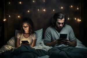 ai genererad ung familj i säng ser på smartphones innan gående till sova, social media missbruk foto