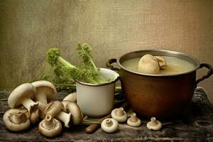 ai genererad en utsökt svamp soppa terar färsk broccoli och Övrig grönsaker foto