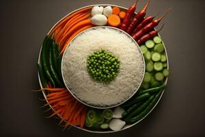 ai genererad riklig tallrik av färgrik grönsaker och ris foto