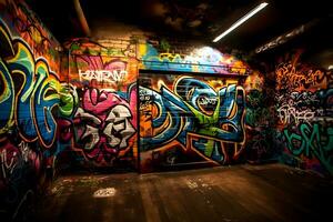 ai genererad skön gata konst graffiti stil. de vägg är dekorerad med abstrakt ritningar hus måla. neuralt nätverk ai genererad foto
