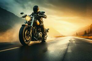 ai genererad berg rida motorcykel ryttare på de väg under solnedgång tid foto