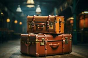 ai genererad reser tillbaka årgång läder resväskor på en 90s begrepp bakgrund foto