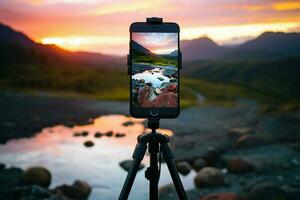 ai genererad natur fånga filma kamera med lugn natur bakgrund, kopia Plats foto