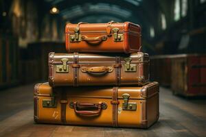 ai genererad retro utforskning gammal läder resväskor på en årgång stil filtrerades bakgrund foto