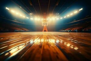 ai genererad basketboll skådespel grafisk konst av sport arena, stadion domstol strålkastare foto