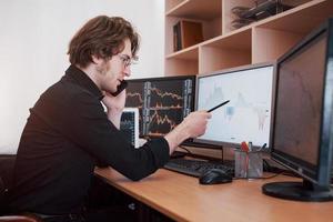 stressig dag på kontoret. ung affärsman håller händerna på ansiktet medan han sitter vid skrivbordet på kreativa kontor. börshandel forex finans grafiskt koncept