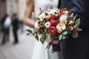 ai genererad närbild skott av en bröllop par innehav en blomma bukett med vit och ro foto