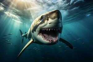 ai genererad oceanisk hot bra rovdjur haj med farlig tänder simning under vattnet foto