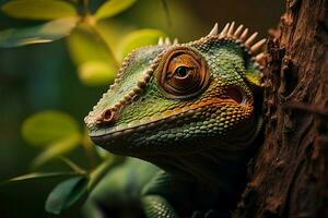 ai genererad natur stöta på reptil stänga upp på träd gren, fantastisk bakgrund foto