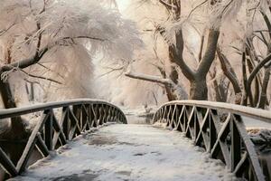 ai genererad frostig skönhet botanisk trädgård vinter- landskap, bro över frysta vatten, snö täckt träd foto
