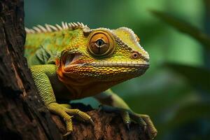 ai genererad stänga upp reptil på en träd gren mot fantastisk naturlig bakgrund foto