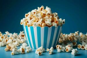 ai genererad underhållning behandla popcorn i en blå låda på en vit bakgrund foto