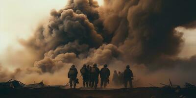 ai genererad krig begrepp. militär silhuetter stridande scen på krig dimma himmel bakgrund foto