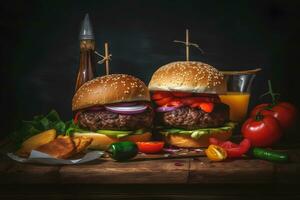 ai genererad hantverk nötkött burger och franska frites på trä- tabell isolerat på svart bakgrund. neuralt nätverk ai genererad foto