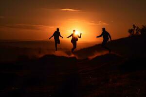 ai genererad ung vänner glatt Hoppar mot de bakgrund av de solnedgång. neuralt nätverk ai genererad foto