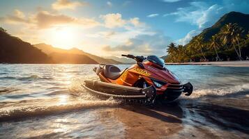 ai genererad porträtt av Jet ski på de strand under solnedgång. Semester, helgen, semester begrepp. generativ ai foto