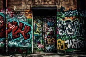 ai genererad skön gata konst graffiti stil. de vägg är dekorerad med abstrakt ritningar hus måla. neuralt nätverk ai genererad foto