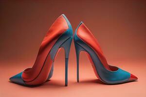 ai genererad hög häl kvinnor skor på en fast Färg bakgrund. ai generativ foto
