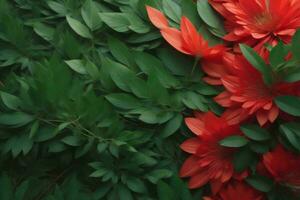 ai genererad röd blommor och grön löv som naturlig blommig bakgrund, topp se. generativ ai foto
