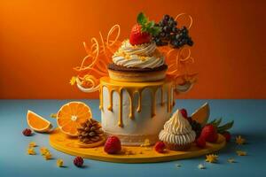 ai genererad födelsedag kaka med grädde, bär och orange på en blå bakgrund. generativ ai foto