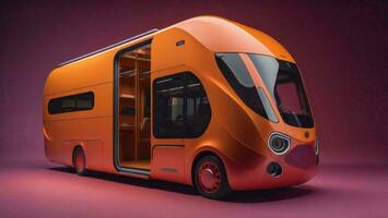 ai genererad orange modern buss på en lila bakgrund. generativ ai foto