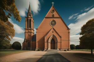 ai genererad kyrka i de parkera med blå himmel och moln. generativ ai foto