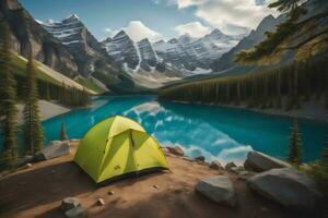 ai genererad camping i de bergen med en tält på en glacial- sjö. generativ ai foto