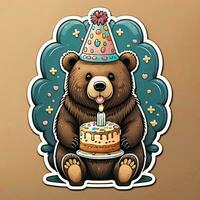 ai genererad söt tecknad serie Björn med födelsedag kaka på brun bakgrund. vektor illustration. generativ ai foto