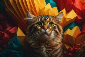 ai genererad porträtt av en maine Coon katt med färgrik origami bakgrund. generativ ai foto