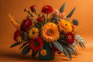 ai genererad bukett av blommor i en vas på en orange bakgrund. generativ ai foto