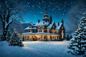 ai genererad en skön jul hus i de snö foto