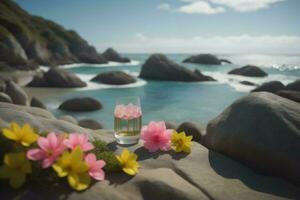 ai genererad glas av champagne med blommor på de strand med stenar och hav bakgrund. generativ ai foto