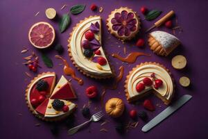 ai genererad hemlagad kakor med bär och frukt på en lila bakgrund, topp se. generativ ai foto