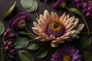 ai genererad blomma sammansättning. dahlia, krysantemum, löv på en mörk bakgrund. ai genererad foto