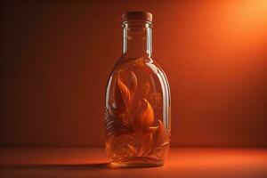 ai genererad flaska med blommig design på orange bakgrund. generativ ai foto