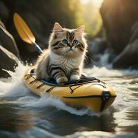 ai genererad söt katt i kajak på de flod i sommar dag. generativ ai foto