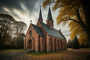 ai genererad kyrka i de höst parkera med gul löv. generativ ai foto