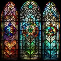 ai genererad färgade glas fönster i de kyrka. färgrik färgade glas fönster. generativ ai foto