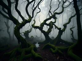ai genererad mystisk mörk skog med dimma och träd rötter. halloween bakgrund. generativ ai foto